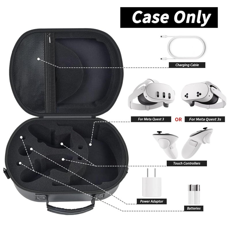 Comecase حقيبة حمل صلبة متوافقة مع سماعة الواقع المختلط ميتا كويست 3/ كويست 3S، حقيبة تخزين للسفر لسماعات الألعاب VR لحوامل التحكم والإكسسوارات مع حزام كتف وجيب - أسود - Image 3